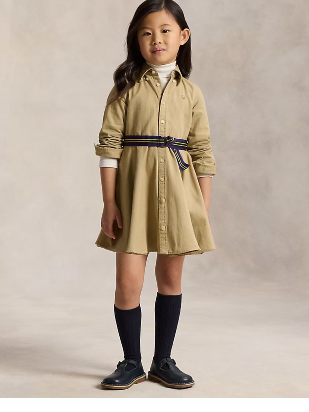 Polo Ralph Lauren Girls Khaki Belted Cotton Chino Shirtdress. Size 4/4T